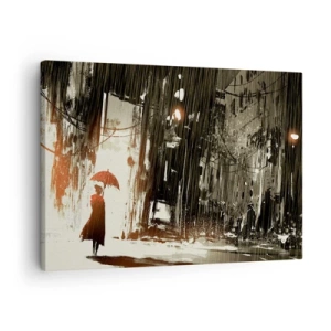 Obraz na plátne - Červená postava s dáždnikom v daždivej scéne - 70x50cm - Poézia červeného dáždnika - Moderná nástenná dekorácia do obývacej izby a spálne ARTTOR