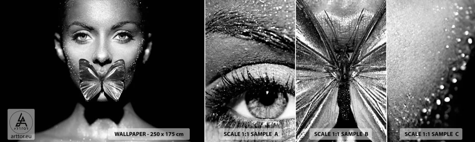 Vzorka samolepiacej fototapety Deluxe Sticker - Motýlí bozk - Abstrakcia, Žena, Motýľ - 100x30 cm