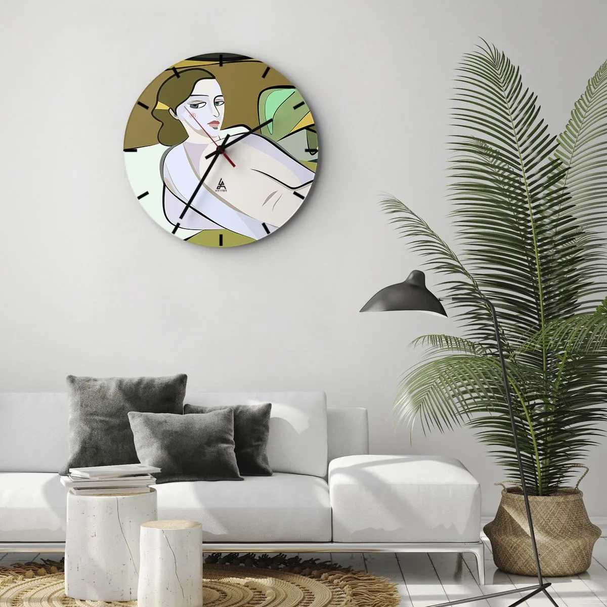 Nástenné hodiny - Ženská postava v kubistickom štýle na abstraktnom pozadí - 30x30cm - Intímny portrét - Moderná nástenná dekorácia do obývacej izby, kuchyne a spálne ARTTOR
