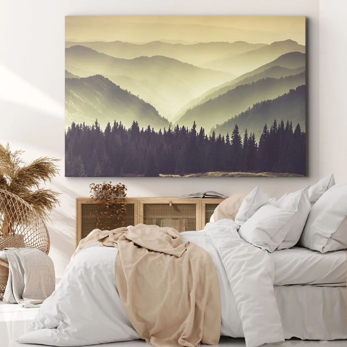 Obraz na plátne - Malebné pohoria zahalené v hmle v teplom svetle - 70x50cm - Za siedmimi horami… - Moderná nástenná dekorácia do obývacej izby a spálne ARTTOR