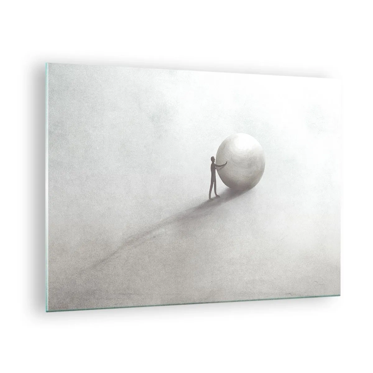 Obraz na skle - Minimalistická silueta muža s veľkou loptou na svetlom pozadí. - 70x50cm - Hra života - Moderná nástenná dekorácia do obývacej izby a spálne ARTTOR