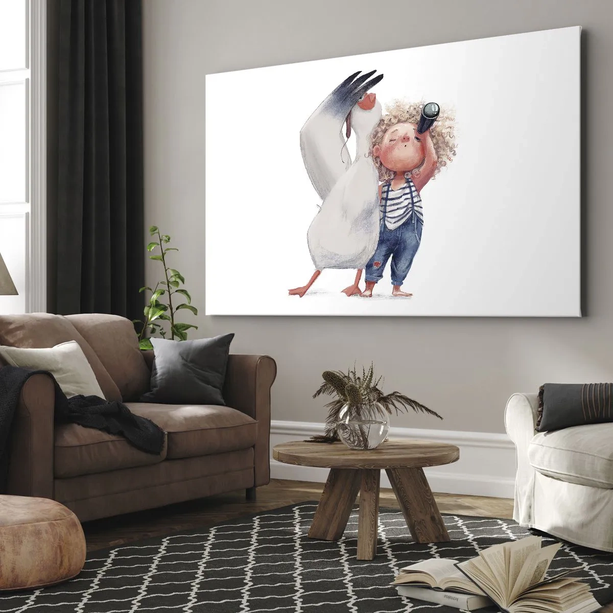Obraz na plátne - Ilustrácia dieťaťa s pelikánom a ďalekohľadom v ruke - 70x50cm - Plán na skvelú cestu - Moderná nástenná dekorácia do obývacej izby a spálne ARTTOR