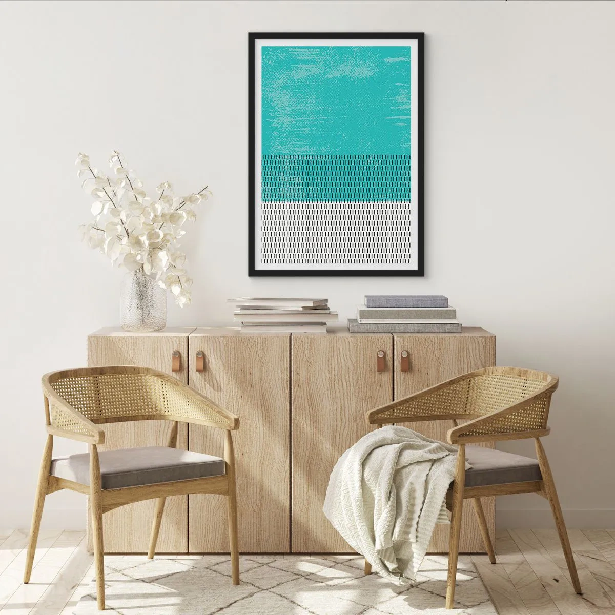 Plagát v čiernom ráme - Geometrický vzor s tyrkysovými a bielymi prvkami v minimalistickom štýle - 50x70cm - Vyvážená kompozícia - Moderná nástenná dekorácia do obývacej izby a spálne ARTTOR