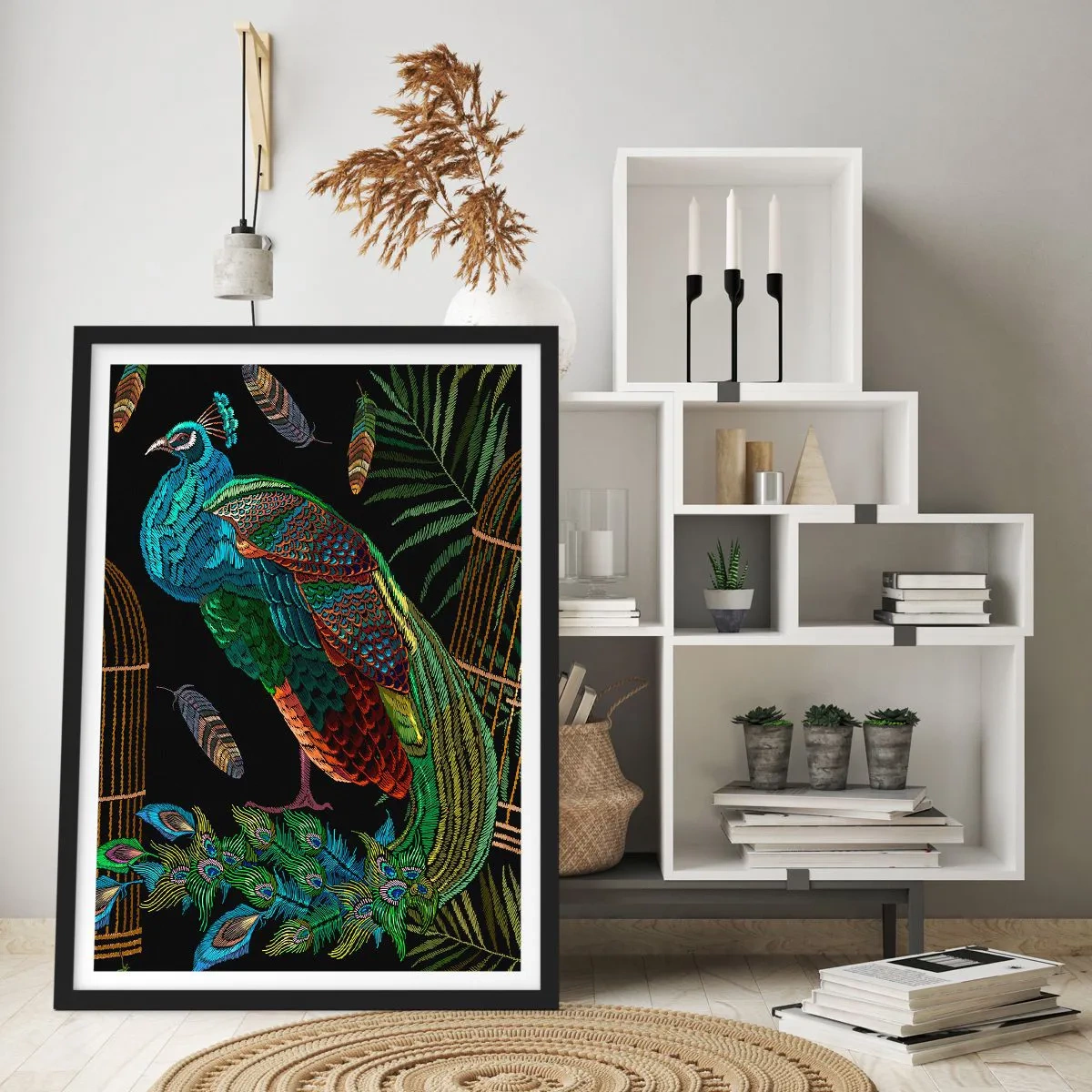 Plagát v čiernom ráme - Farebný páv na pozadí zlatých klietok a zelených listov. - 50x70cm - V kráľovskom rúchu - Moderná nástenná dekorácia do obývacej izby a spálne ARTTOR