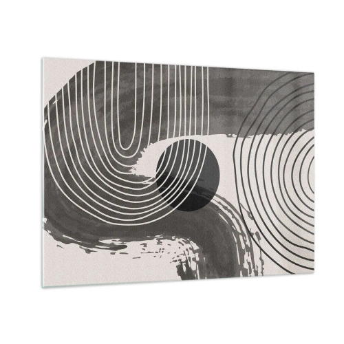 Obraz na skle - Moderná abstrakcia s čiernobielymi čiarami a oválom - 70x50cm - Ovál víťazí - Moderná nástenná dekorácia do obývacej izby a spálne ARTTOR