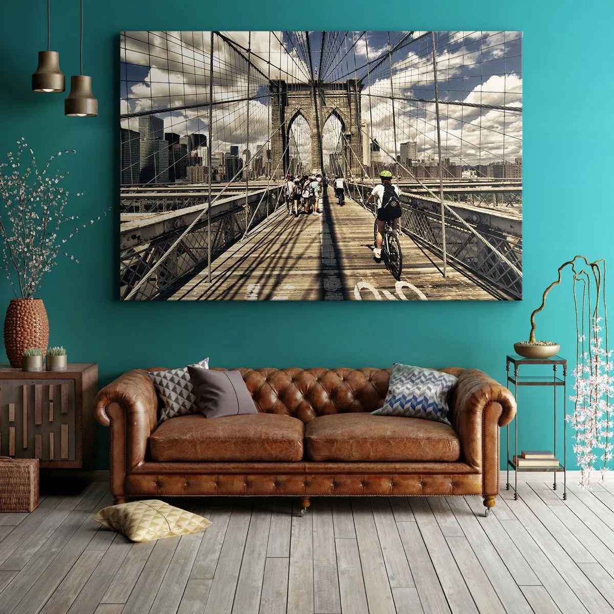 Obraz na plátne - Brooklynský most s výhľadom na chodcov a cyklistov - 70x50cm - Priamo do srdca mesta - Moderná nástenná dekorácia do obývacej izby a spálne ARTTOR