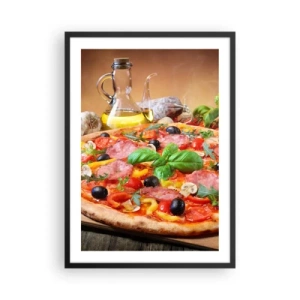 Plagát v čiernom ráme - Chutná pizza s olivami a bylinkami na drevenom stole - 50x70cm - So skutočne talianskou chuťou - Moderná nástenná dekorácia do obývacej izby a spálne ARTTOR