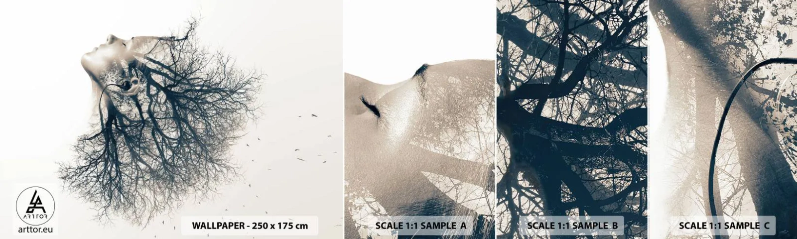 Vzorka samolepiacej fototapety Deluxe Sticker - Očarená šepotom stromu - Abstrakcia, Ženská tvár, Strom - 100x30 cm