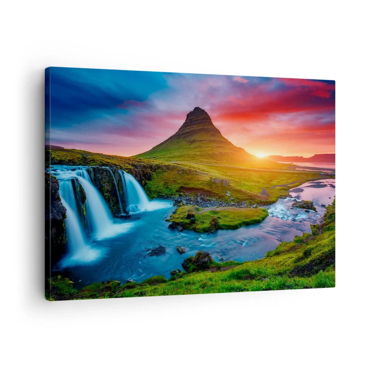 Obraz na plátne - Malebný vodopád a hora pri západe slnka - 70x50cm - Island - oheň a voda - Moderná nástenná dekorácia do obývacej izby a spálne ARTTOR