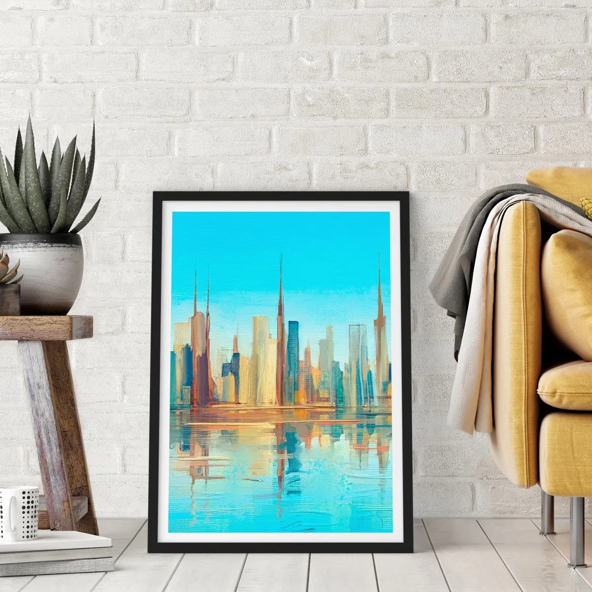 Plagát v čiernom ráme - Farebná panoráma mesta s odrazom vo vode - 50x70cm - Slnečná metropola - Moderná nástenná dekorácia do obývacej izby a spálne ARTTOR
