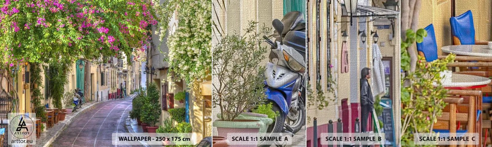 Vzorka fototapety Premium Canvas - Kvitnúce zákutie - Architektúra, Grécko, Mesto - 100x30 cm