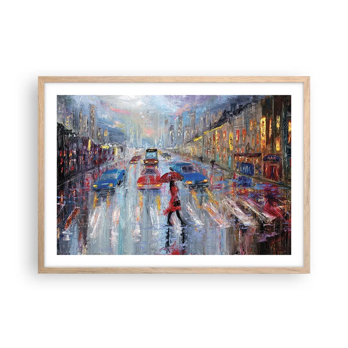 Plagát v ráme zo svetlého duba - Daždivé popoludnie v meste - 70x50 cm