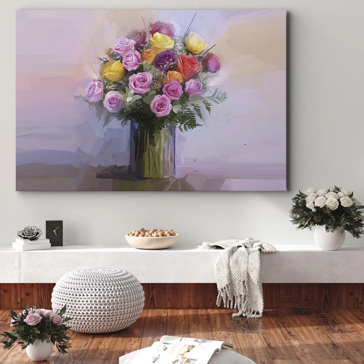 Obraz na plátne - Kytica farebných ruží v sklenenej váze - 70x50cm - Zachytená krása - Moderná nástenná dekorácia do obývacej izby a spálne ARTTOR