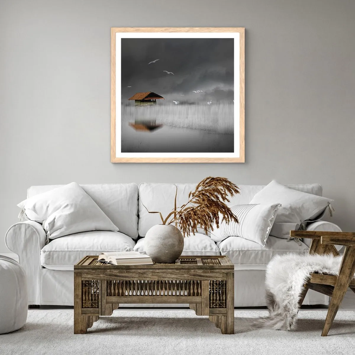 Plagát v ráme zo svetlého duba - Úkryt pred dažďom - 50x50 cm