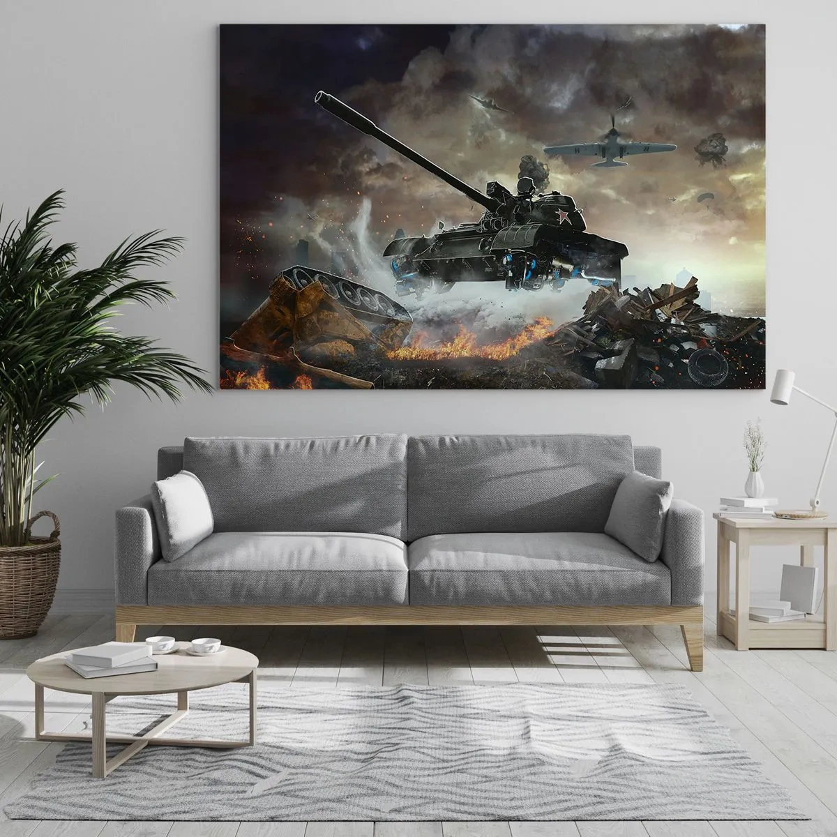 Obraz na skle - Tank v akcii na pozadí dramatického bojiska. - 70x50cm - Bitka je hrozná a krásna - Moderná nástenná dekorácia do obývacej izby a spálne ARTTOR