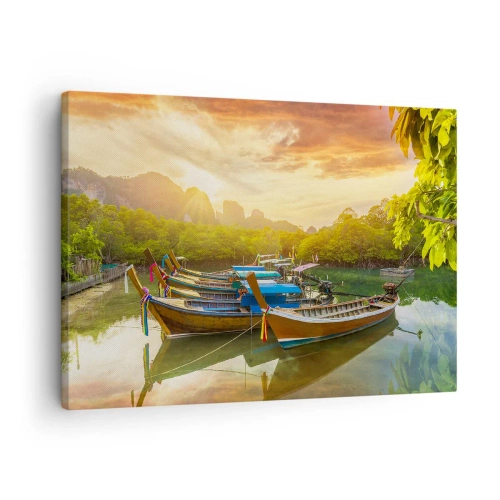 Obraz na plátne - Tradičné lode na pokojnej vode pri západe slnka - 70x50cm - Pred rušným dňom - Moderná nástenná dekorácia do obývacej izby a spálne ARTTOR