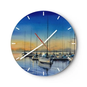 Nástenné hodiny - Plachetnice na vode pri západe slnka v tichom prístave - 30x30cm - Koniec dobrého dňa - Moderná nástenná dekorácia do obývacej izby, kuchyne a spálne ARTTOR