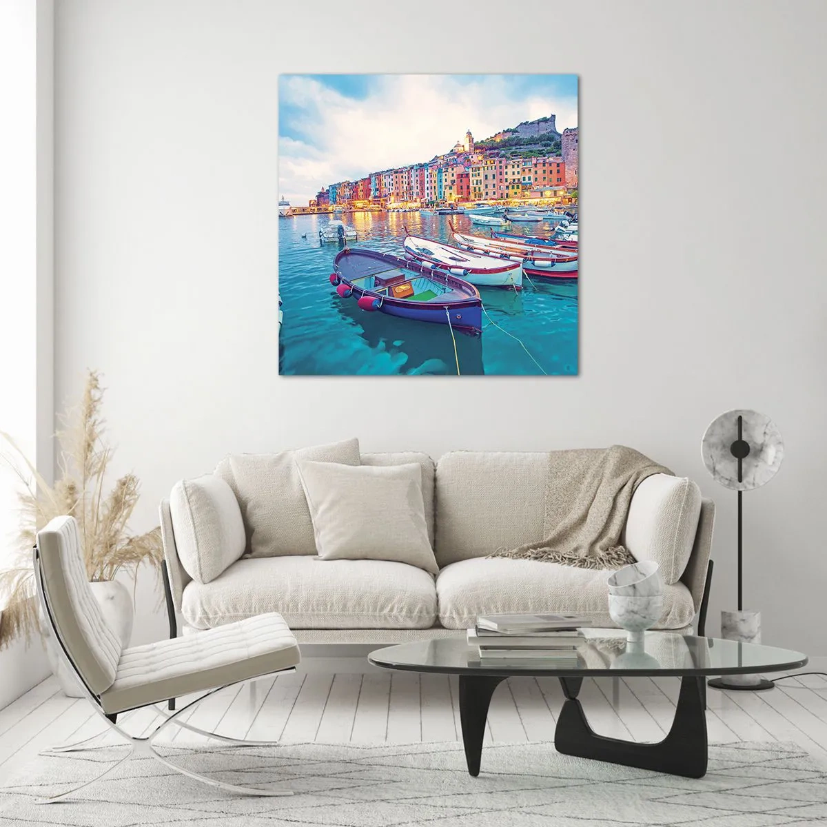 Obraz na skle - Farebný večer v prístave - 30x30 cm