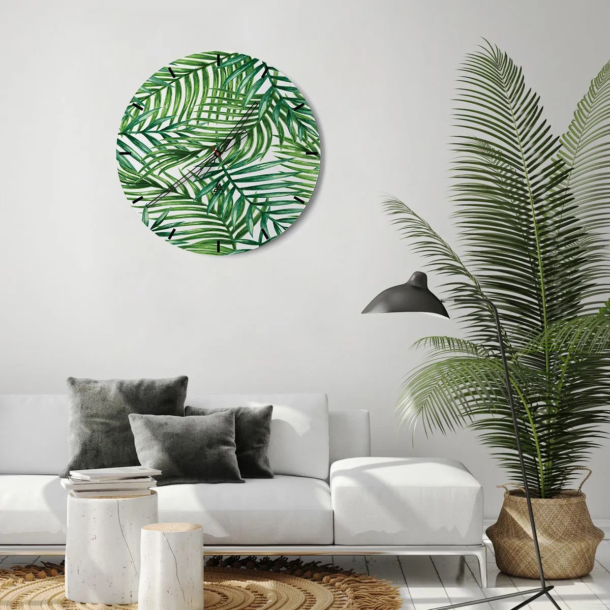 Nástenné hodiny - Zelené palmové listy usporiadané v hustej kompozícii - 30x30cm - Pod zeleným baldachýnom - Moderná nástenná dekorácia do obývacej izby, kuchyne a spálne ARTTOR