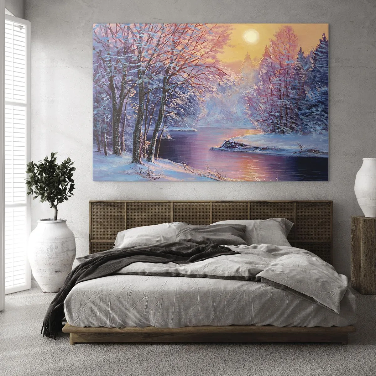 Obraz na skle - Zimná krajina s riekou a západom slnka - 70x50cm - Farby zimy - Moderná nástenná dekorácia do obývacej izby a spálne ARTTOR