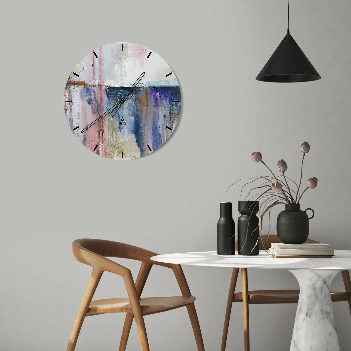 Nástenné hodiny - Maliarska kompozícia s farebnými škvrnami v odtieňoch modrej a ružovej. - 30x30cm - Farebné dojmy a asociácie - Moderná nástenná dekorácia do obývacej izby, kuchyne a spálne ARTTOR