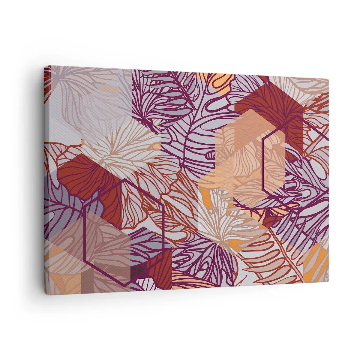 Obraz na plátne - Dekoratívny vzor tropických listov v odtieňoch fialovej, oranžovej a béžovej. - 70x50cm - Nemožný vzťah medzi geometriou a prírodou - Moderná nástenná dekorácia do obývacej izby a spálne ARTTOR