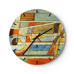 Nástenné hodiny - Abstraktný vzor s oranžovou, béžovou a modrou farbou - 30x30cm - Kubizmus na stavbe - Moderná nástenná dekorácia do obývacej izby, kuchyne a spálne ARTTOR