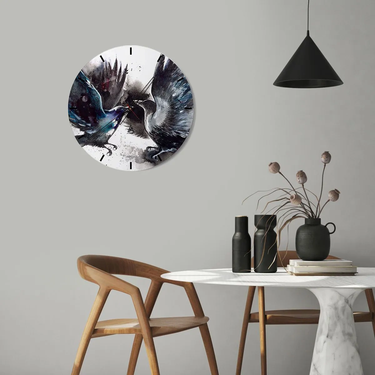 Nástenné hodiny - Umelecké znázornenie dvoch havranov v dynamickej póze - 30x30cm - Havran havranovi… - Moderná nástenná dekorácia do obývacej izby, kuchyne a spálne ARTTOR