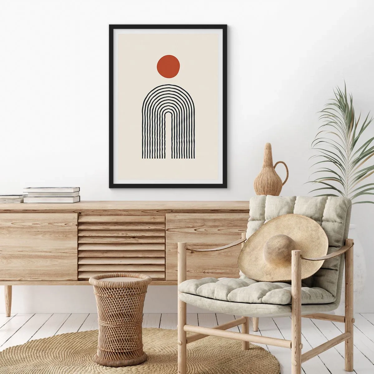 Plagát v čiernom ráme - Geometrická abstrakcia s lineárnym oblúkom a červeným kruhom. - 50x70cm - Magnetizmus tvarov a farieb - Moderná nástenná dekorácia do obývacej izby a spálne ARTTOR
