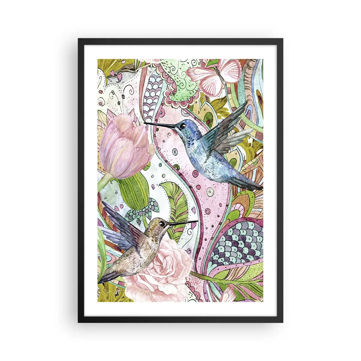 Plagát v čiernom ráme - Farebné kolibríky na pozadí kvetov a vzorov - 50x70cm - Zamotané do lián - Moderná nástenná dekorácia do obývacej izby a spálne ARTTOR