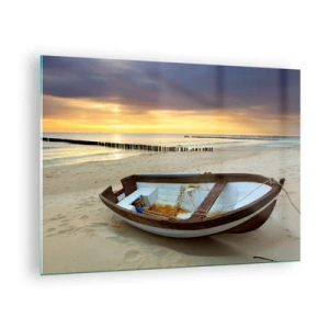 Obraz na skle - Loď na piesočnatej pláži pri východe slnka - 70x50cm - Neexistuje krajšia pláž - Moderná nástenná dekorácia do obývacej izby a spálne ARTTOR