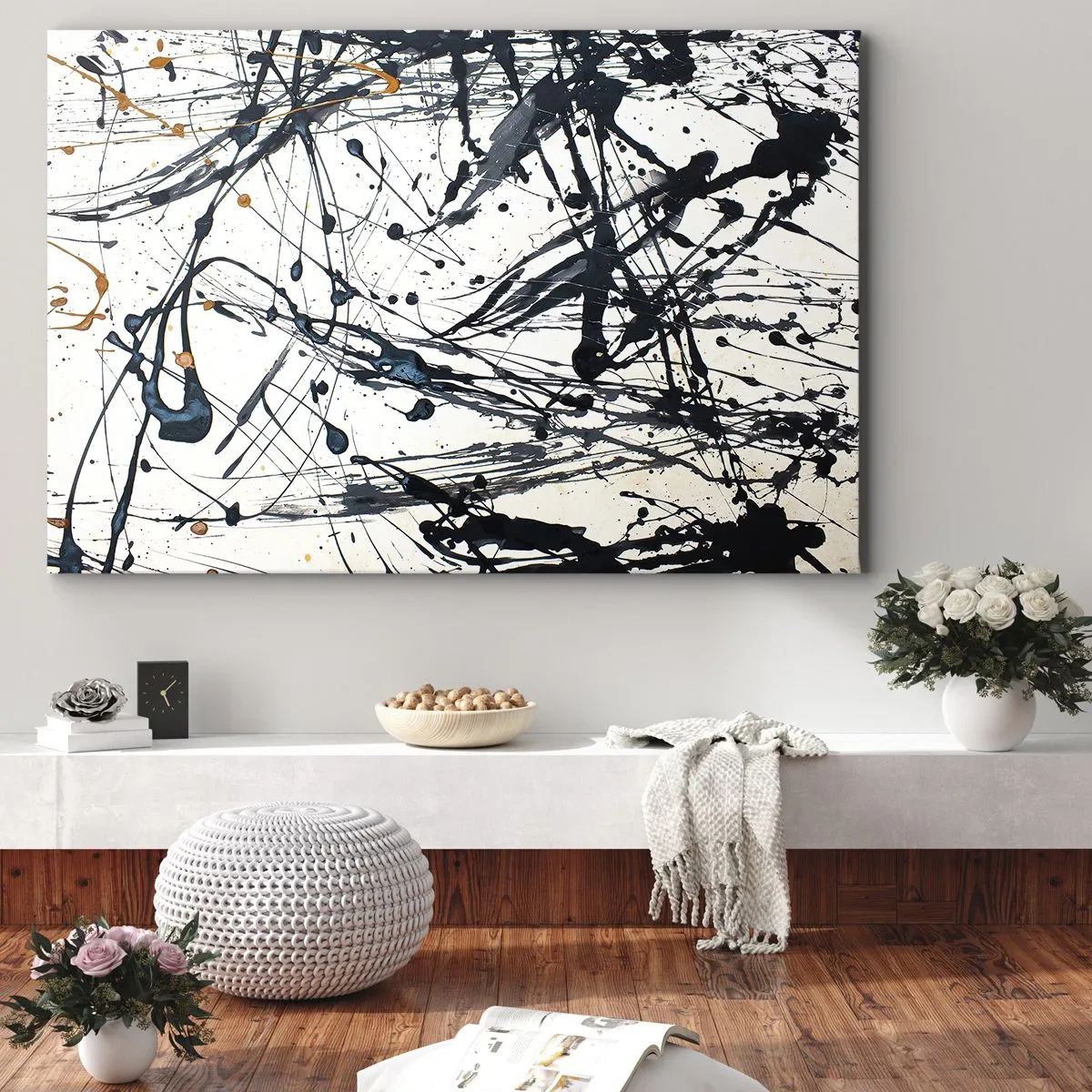 Obraz na plátne - Abstraktný obraz s dynamickými vzormi a striekancami farby. - 70x50cm - Expresionistická abstrakcia - Moderná nástenná dekorácia do obývacej izby a spálne ARTTOR