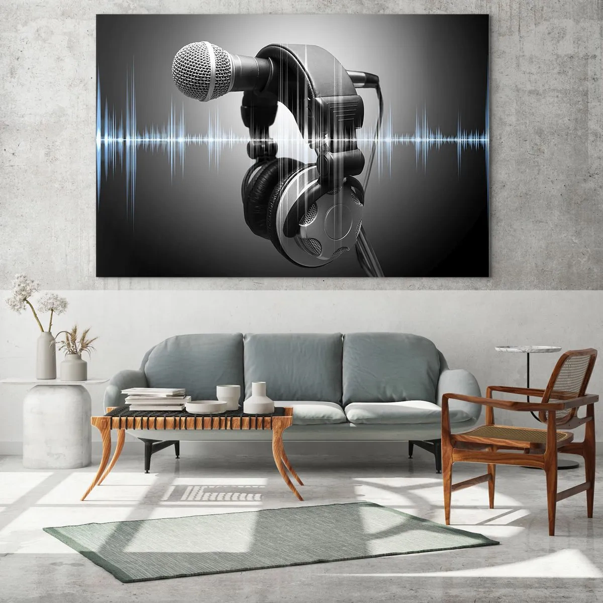 Obraz na skle - Mikrofón so slúchadlami na pozadí zvukových vĺn - 70x50cm - Ešte je počuť spev - Moderná nástenná dekorácia do obývacej izby a spálne ARTTOR