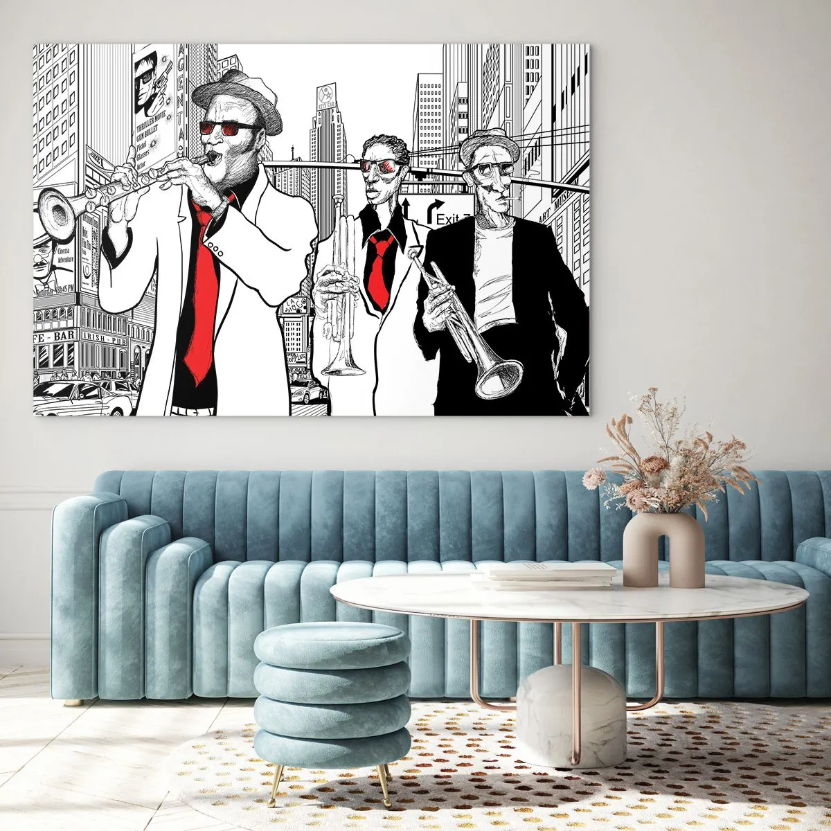 Obraz na skle - Džezová pouličná kapela s moderným grafickým štýlom. - 70x50cm - Mestská rapsódia v čiernej a červenej - Moderná nástenná dekorácia do obývacej izby a spálne ARTTOR