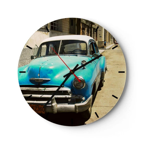 Nástenné hodiny - Modré klasické auto na ulici, vintage štýl - 30x30cm - Evviva Cuba! - Moderná nástenná dekorácia do obývacej izby, kuchyne a spálne ARTTOR