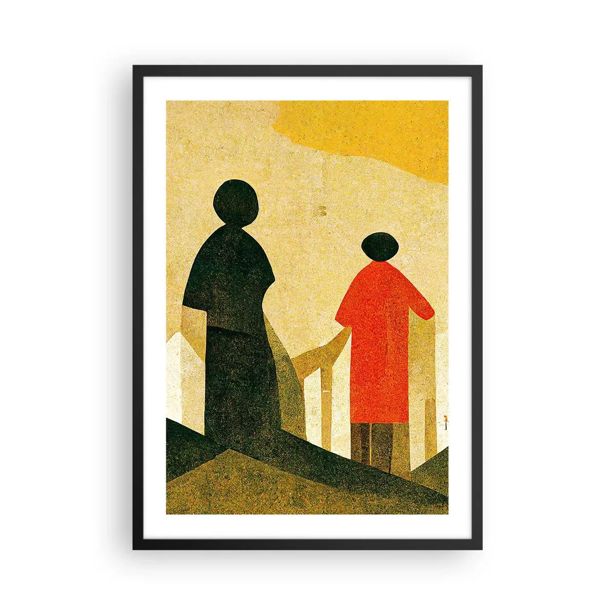 Plagát v čiernom ráme - Geometrické siluety postáv na pozadí abstraktnej krajiny - 50x70cm - Ešte veľmi ďaleko - Moderná nástenná dekorácia do obývacej izby a spálne ARTTOR