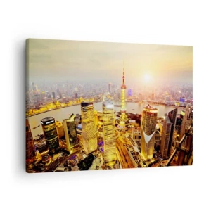 Obraz na plátne - Panoráma mesta s mrakodrapmi pri západe slnka - 70x50cm - Ázijský sen - Moderná nástenná dekorácia do obývacej izby a spálne ARTTOR