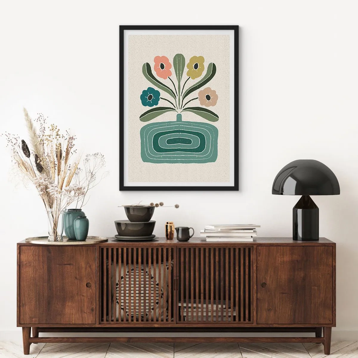 Plagát v čiernom ráme - Štylizované kvety v grafickej kompozícii - 50x70cm - Symetrická kytica - Moderná nástenná dekorácia do obývacej izby a spálne ARTTOR