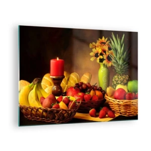 Obraz na skle - Kompozícia ovocia, chleba a sviečky v rustikálnom štýle - 70x50cm - Zátišie s pečivom a ovocím - Moderná nástenná dekorácia do obývacej izby a spálne ARTTOR