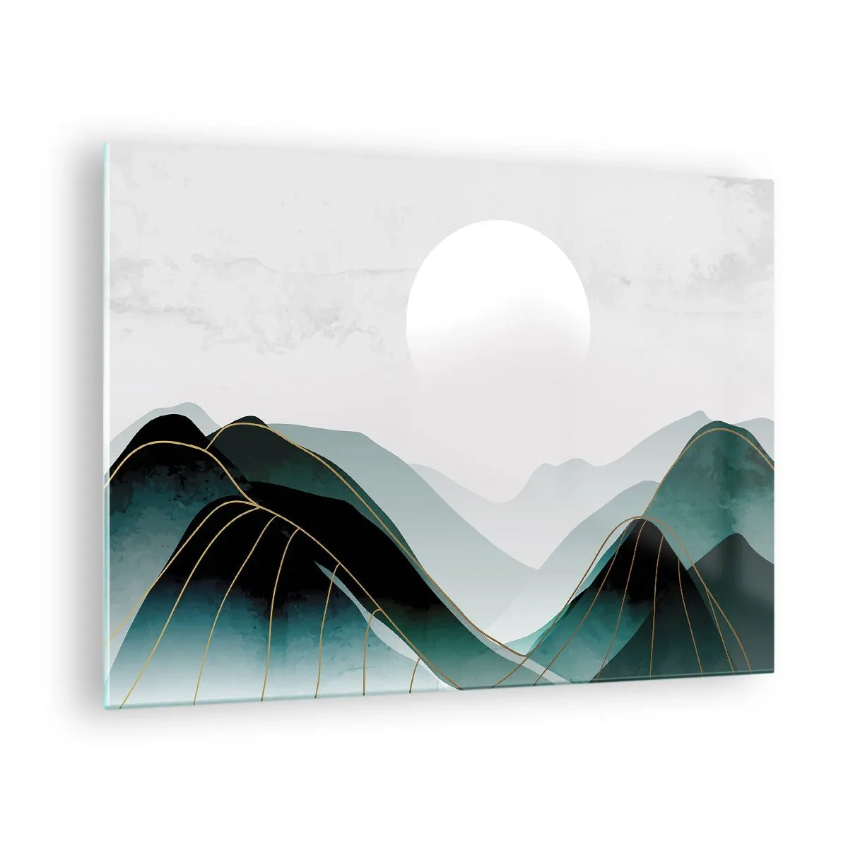 Obraz na skle - Horská krajina s bielym slnkom a zlatými čiarami - 70x50cm - V plnom majestáte - Moderná nástenná dekorácia do obývacej izby a spálne ARTTOR