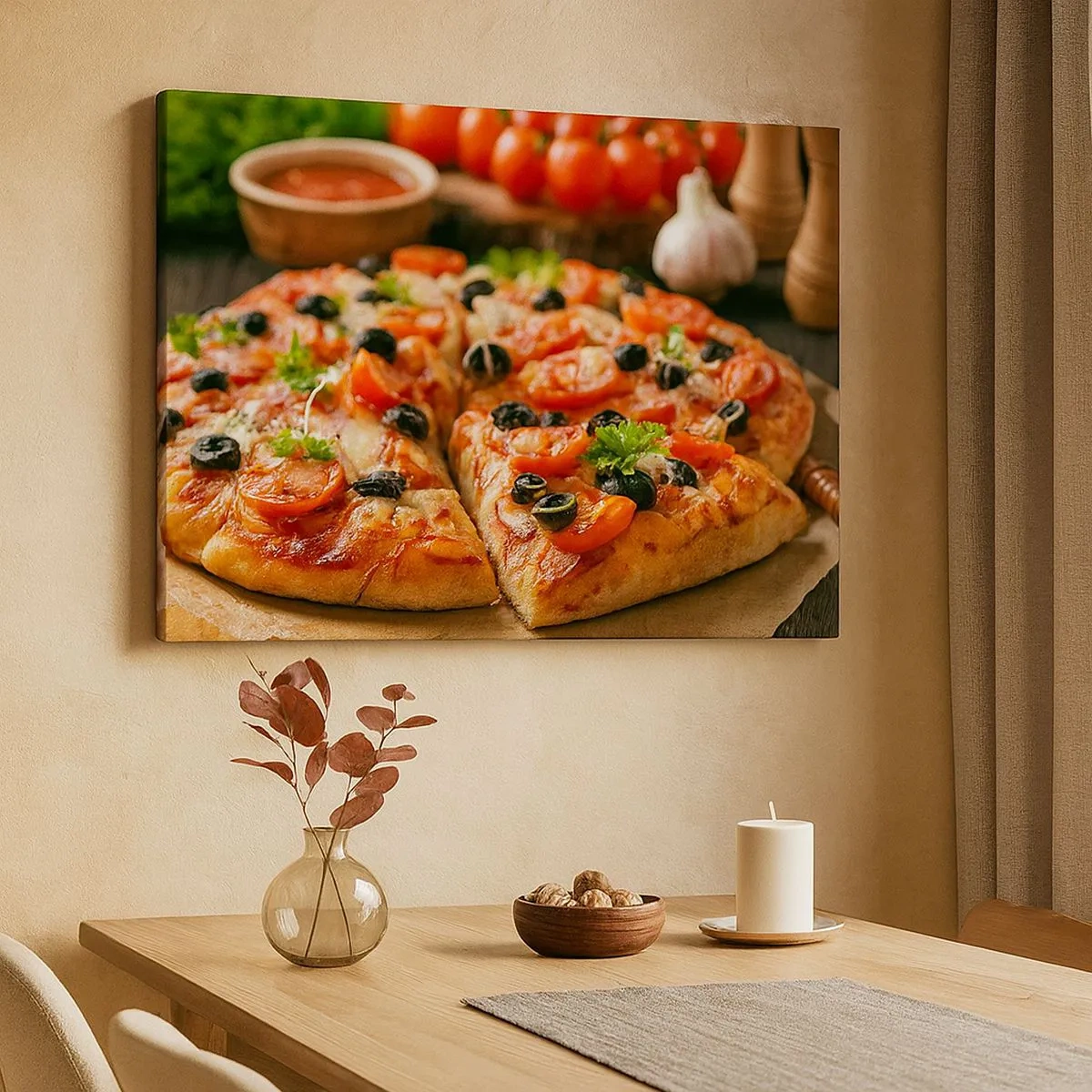 Obraz na plátne - Pizza s paradajkami, olivami a čerstvými bylinkami na stole - 70x50cm - Opäť si mal šťastie - Moderná nástenná dekorácia do obývacej izby a spálne ARTTOR