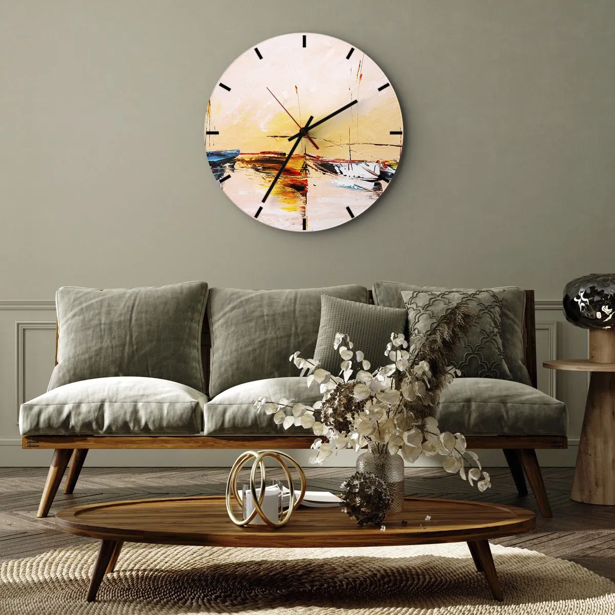 Nástenné hodiny - Plachetnice v malebnom prístave pri západe slnka - 30x30cm - Večer v prístave - Moderná nástenná dekorácia do obývacej izby, kuchyne a spálne ARTTOR