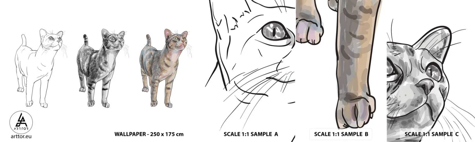 Vzorka samolepiacej fototapety Deluxe Sticker - Hodina kreslenia - Zvieratá, Cat, Pre deti - 100x30 cm