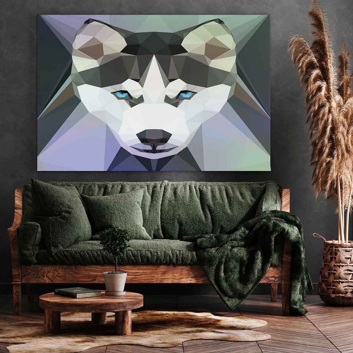 Obraz na plátne - Geometrický vlk s výraznými modrými očami - 70x50cm - Spomienka na sneh na severe - Moderná nástenná dekorácia do obývacej izby a spálne ARTTOR