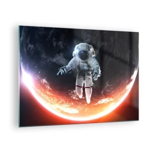 Obraz na skle - Astronaut vo vesmíre s planétou v pozadí - 70x50cm - Môžem zostať ešte chvíľku? - Moderná nástenná dekorácia do obývacej izby a spálne ARTTOR