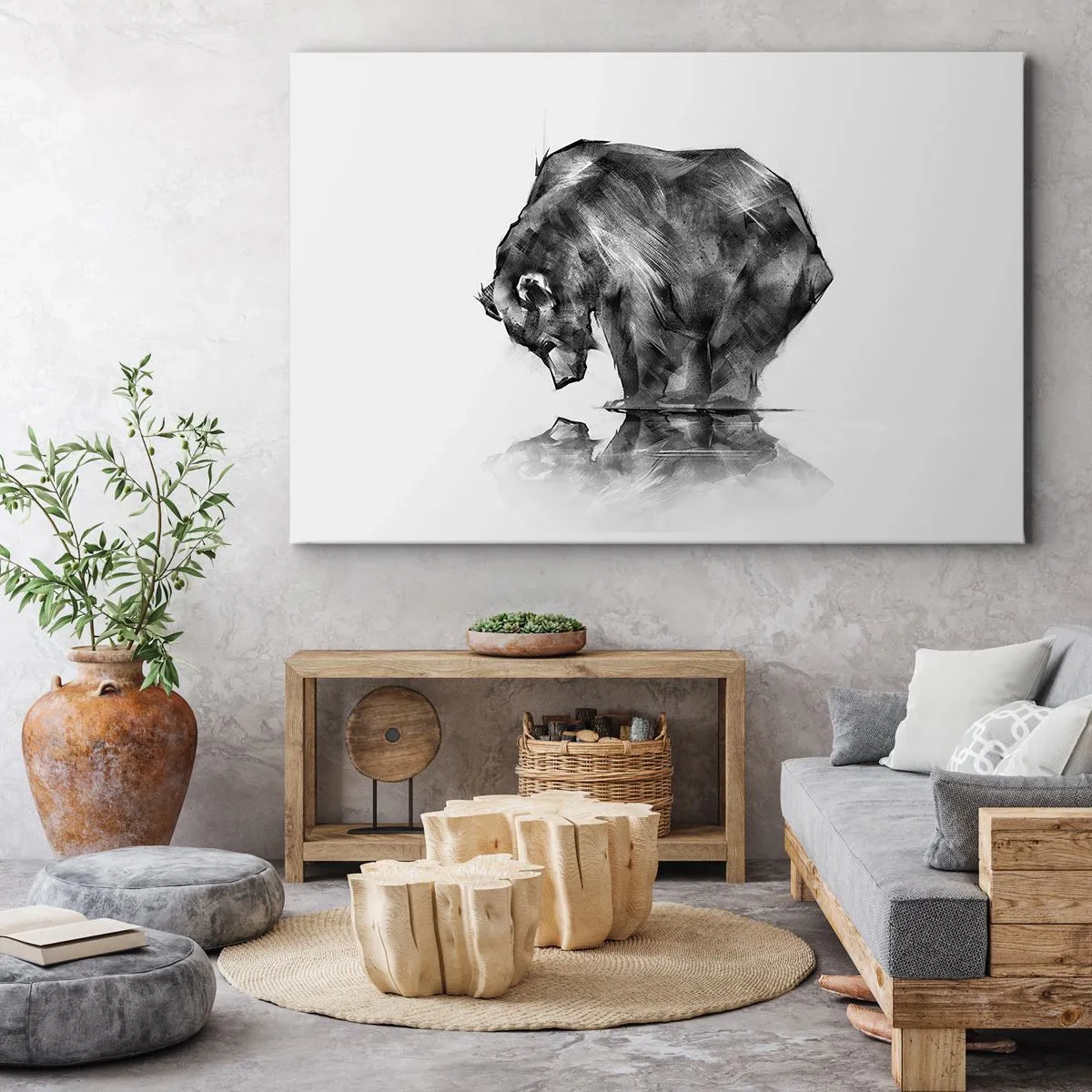 Obraz na plátne - Kresba medveďa v minimalistickom štýle - 70x50cm - Je príjemné sa stretnúť s niekým blízkym - Moderná nástenná dekorácia do obývacej izby a spálne ARTTOR