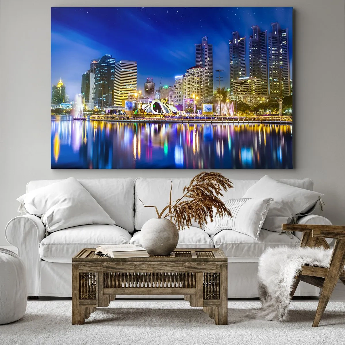 Obraz na plátne - Nočná panoráma mesta so svetlami odrážajúcimi sa na vode - 70x50cm - Dúhová noc metropoly - Moderná nástenná dekorácia do obývacej izby a spálne ARTTOR