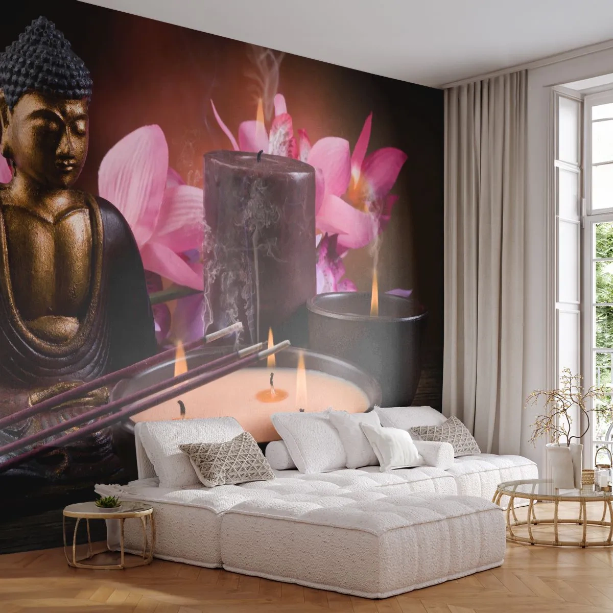 Samolepiaca Fototapeta Deluxe Sticker - Očistiť myseľ, upokojiť telo - Budha, Náboženstvo, Kvety - 250x175 cm