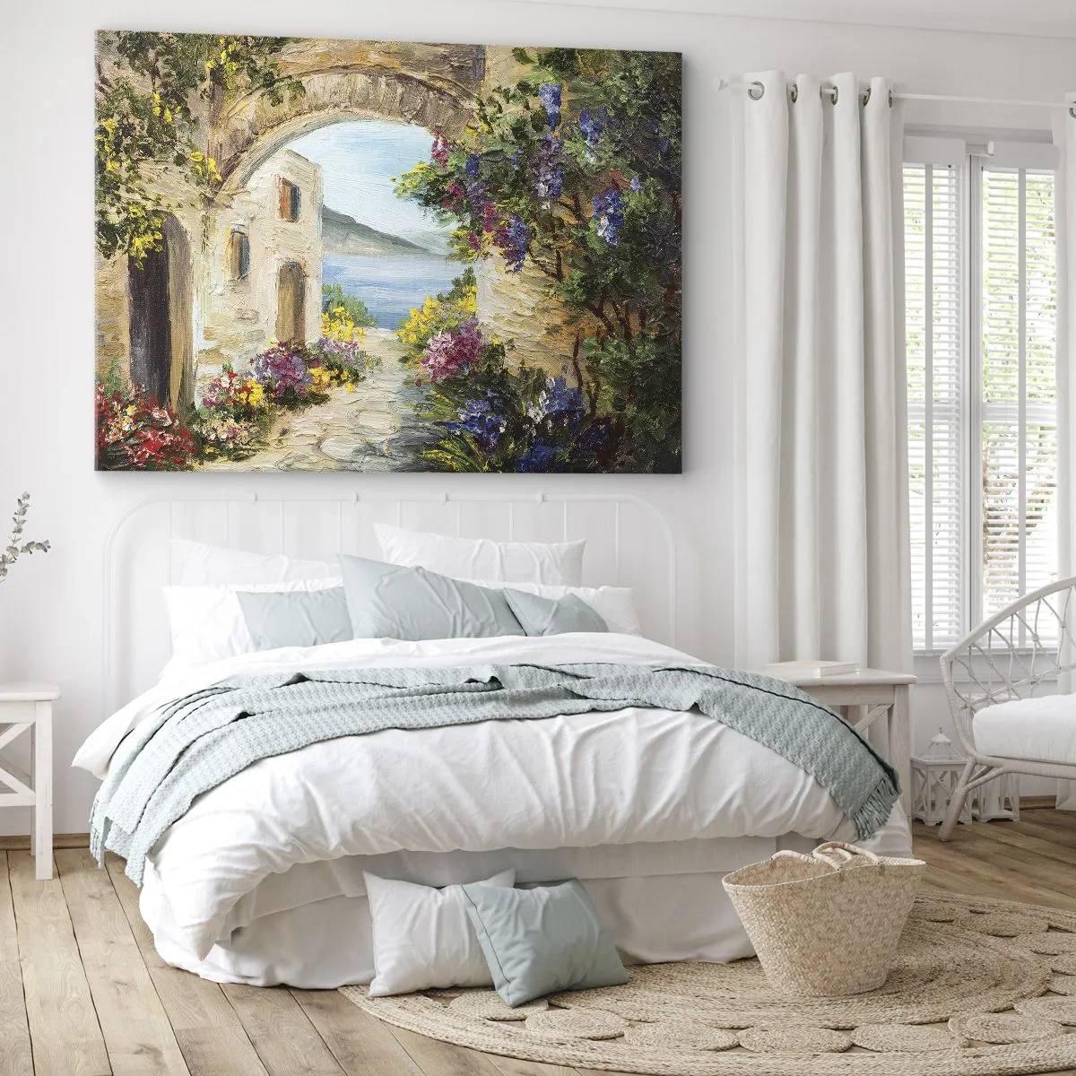 Obraz na plátne - Prímorská krajina s kamennými budovami a kvetmi - 70x50cm - Pôvab pobrežnej krajiny - Moderná nástenná dekorácia do obývacej izby a spálne ARTTOR