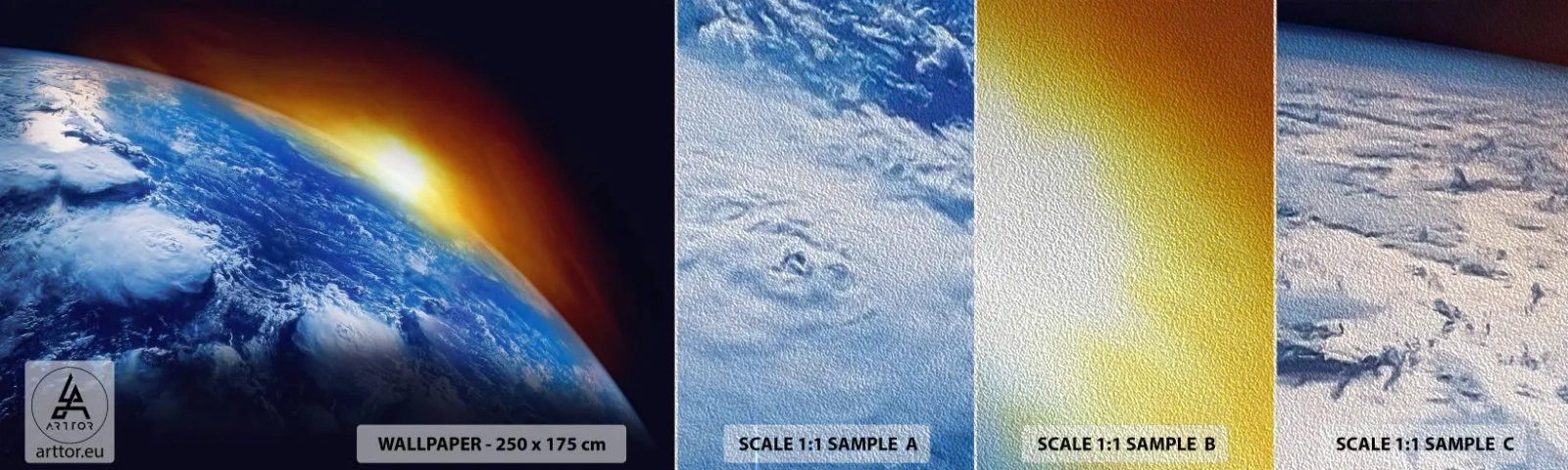 Vzorka fototapety Premium Sand - Východ slnka nad modrou planétou - Abstrakcia, 3D, Kozmos - 100x30 cm